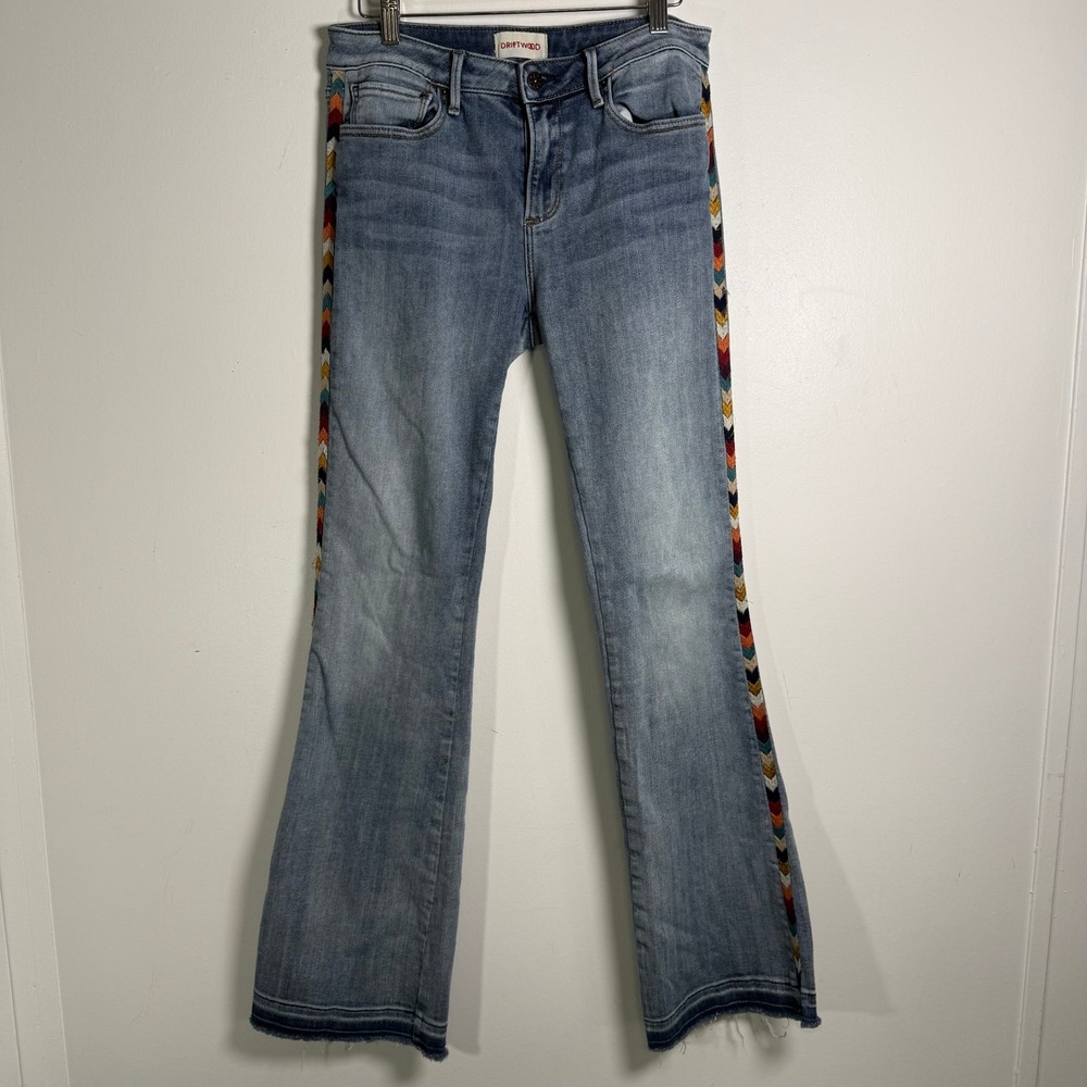 Driftwood Isabel Jeans Women 28 Blue Embroidered Side Stripe Flare Boho Denim